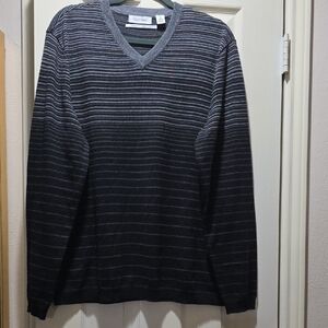Calvin Klein Men's V-Neck Sweater - Black and Gray Stripes